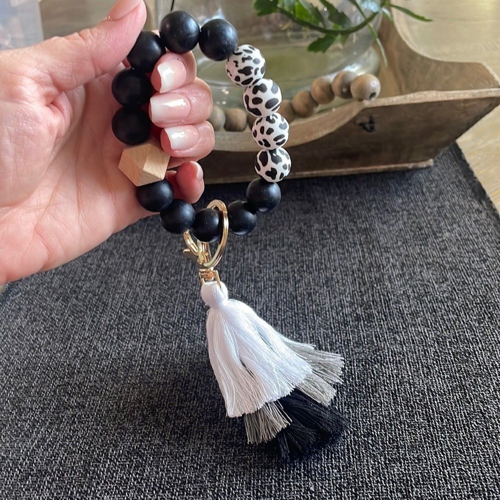 LEOPARD PRINT Black Tiered Tassel Beaded Bracelet Keychain